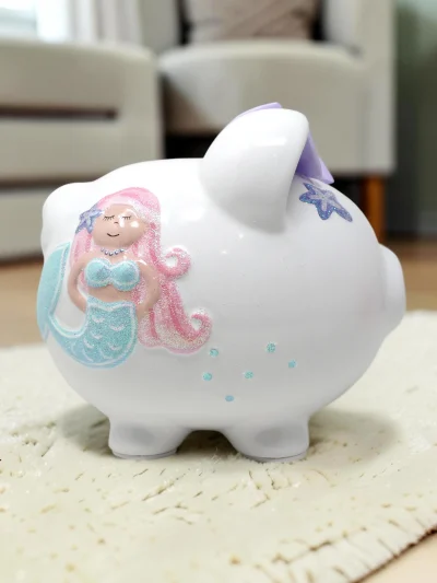 Handpainted Mermaid Keepsake Piggy Bank for Kids - Durable Ceramic Savings Jar with Glitter Accents