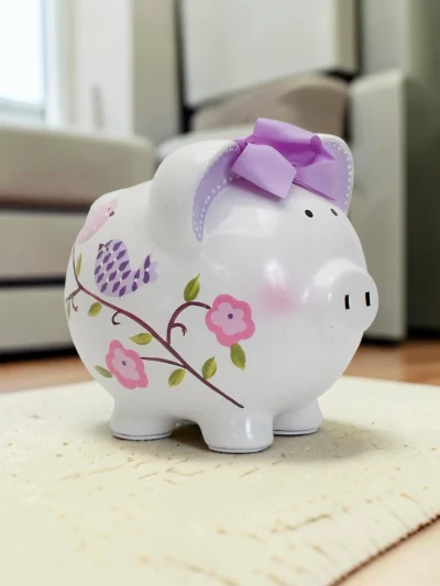 Handpainted Ceramic Bird and Floral Piggy Bank - Decorative Keepsake Coin Jar
