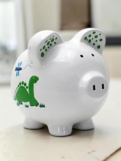 Large Ceramic Piggy Bank with Hand-Painted Dinosaur and Dragonfly Design