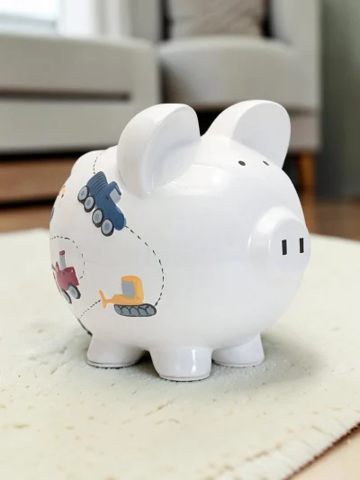 Handpainted Construction Theme Ceramic Piggy Bank for Kids - Large Durable Keepsake Money Bank