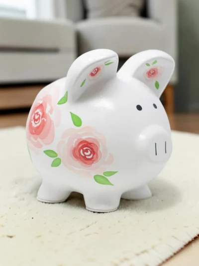 Large Ceramic Floral Piggy Bank for Kids and Adults - Hand-Painted Decorative Coin Bank